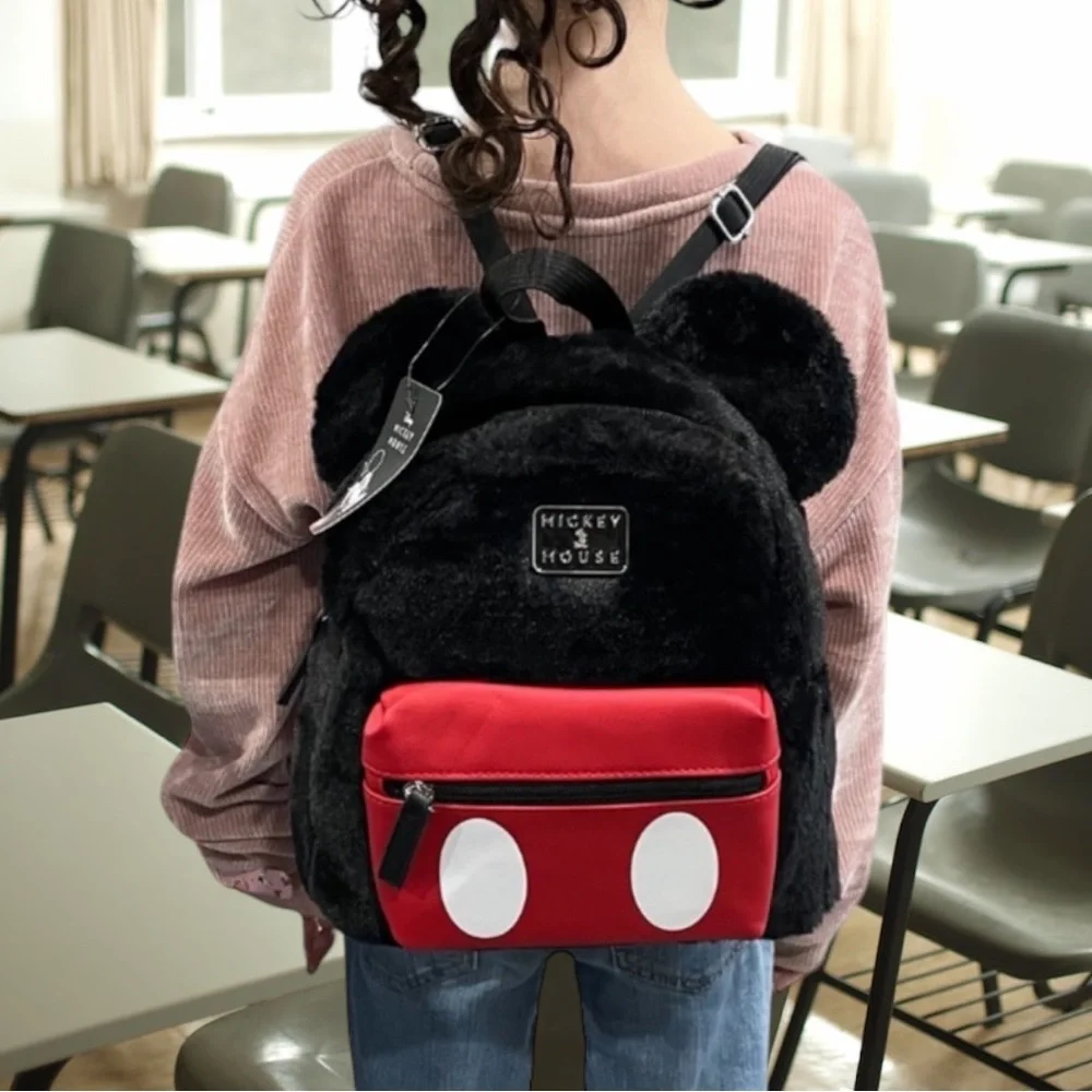 Brand New Disney Mickey Mouse Furry Fuzzy Black & Red Zippered Mini Back